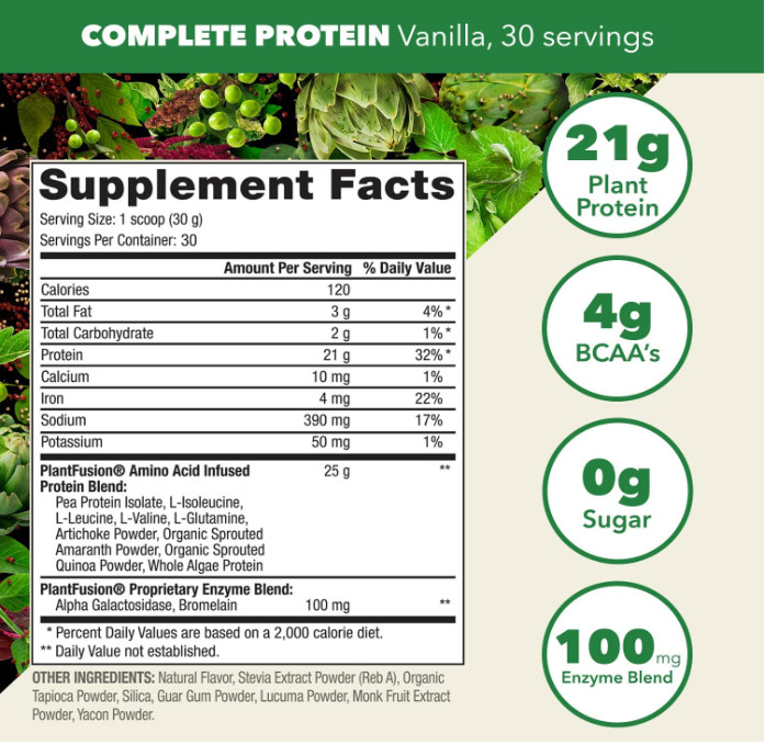 PlantFusion Complete Vegan Protein Powder, Vanilla Bean, 2 lb