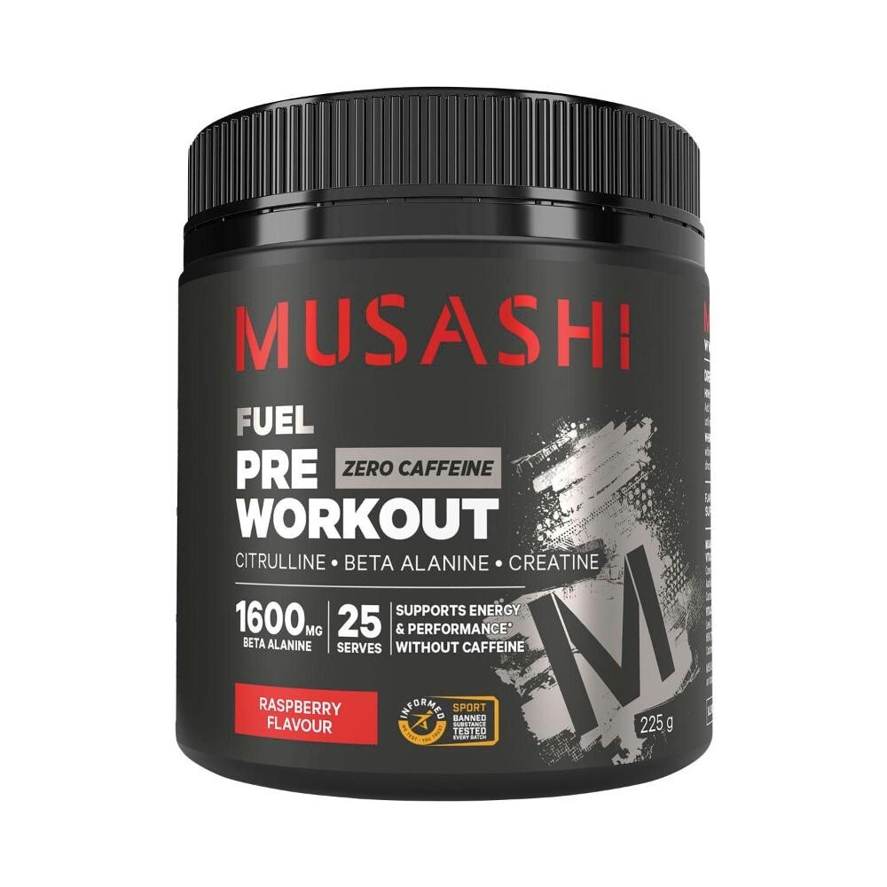 New Musashi Fuel Fuel Pre Workout Zero Caffeine Red Raspberry 225g 25 Serves