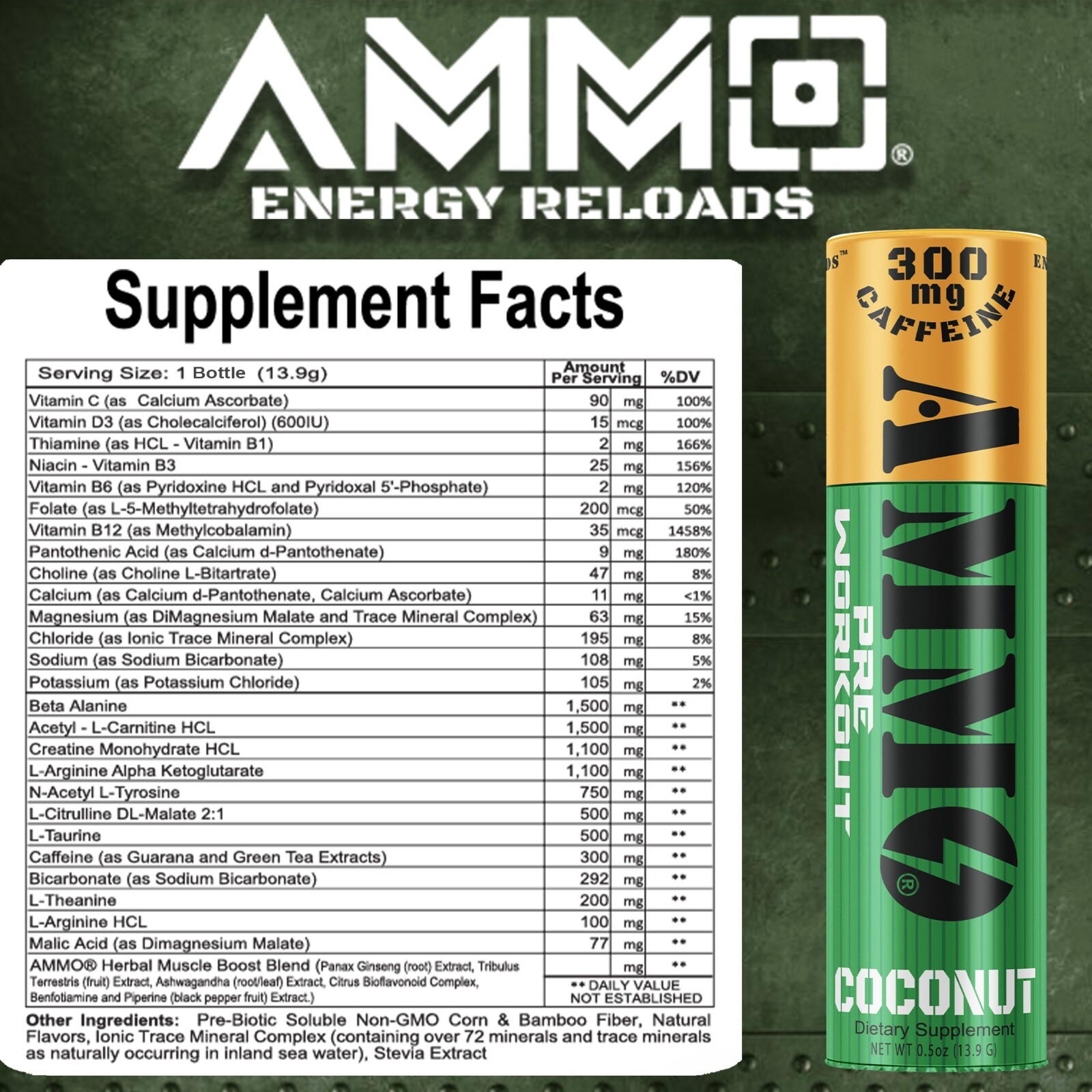AMMO pre workout Energy Reloads™ Coconut Single 12ct 300mg Caffeine Zero Sugar