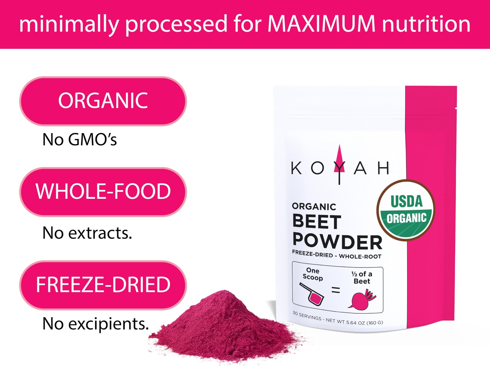 KOYAH – Organic Beet Powder, Freeze-Dried: 5.64 Ounce (Pack of 1), Red