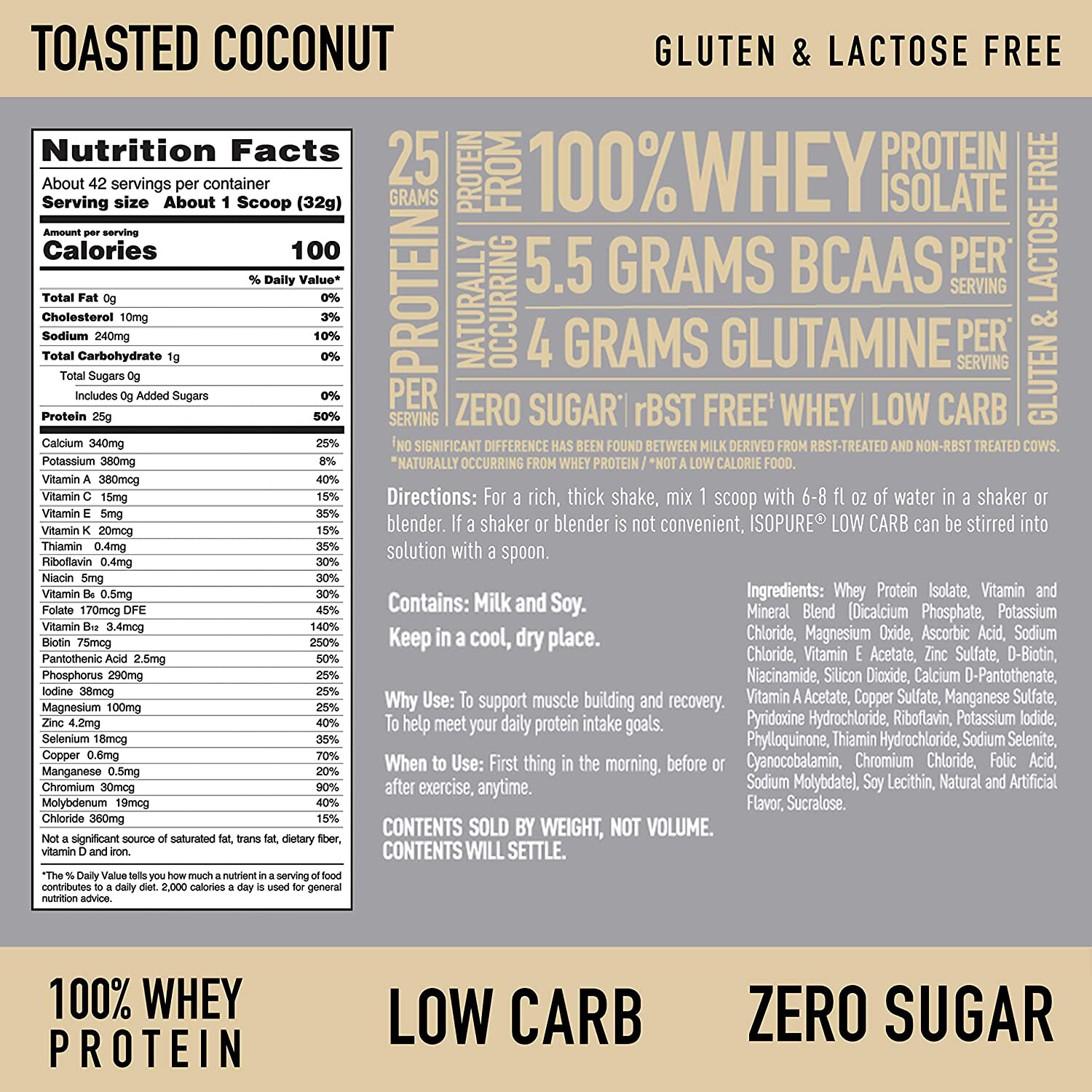 Isopure Whey Isolate Protein Powder, 25g Protein, Toasted Coconut, 3lb