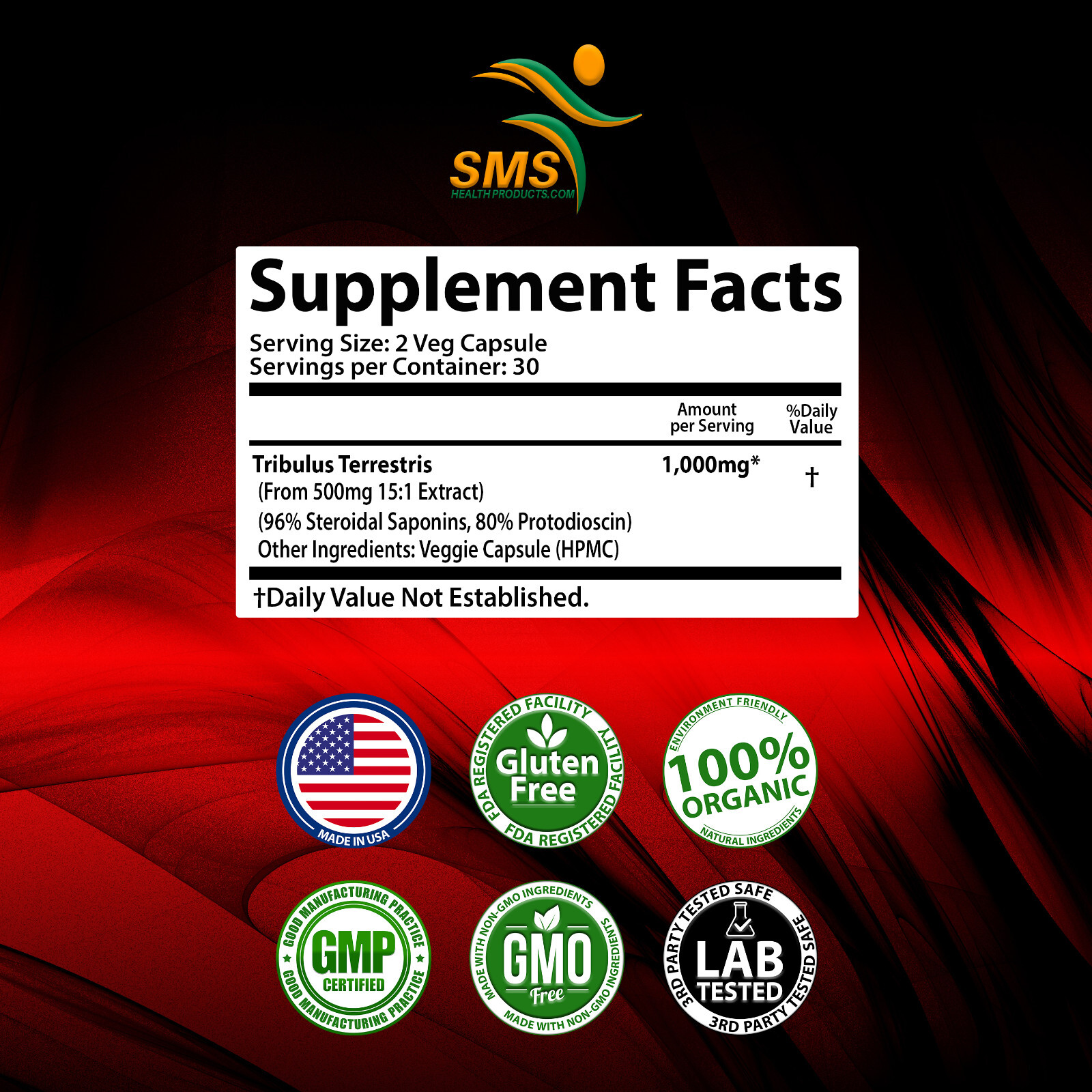 TRIBULUS TERRESTRIS 96% SAPONINS WORK OUT SUPPLEMENT ORGANIC NON GMO 180 CAPSULE