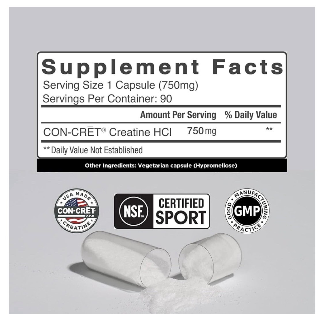 CON-CRET Creatine HCl Capsules | Muscle, 90 Count (Pack of 1), White