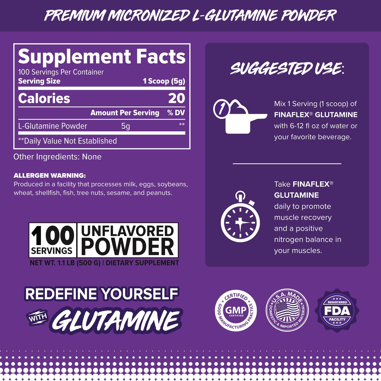 FINAFLEX PURE GLUTAMINE, Unflavored 1.1 lb.. Ultimate Muscle Recovery Powde…
