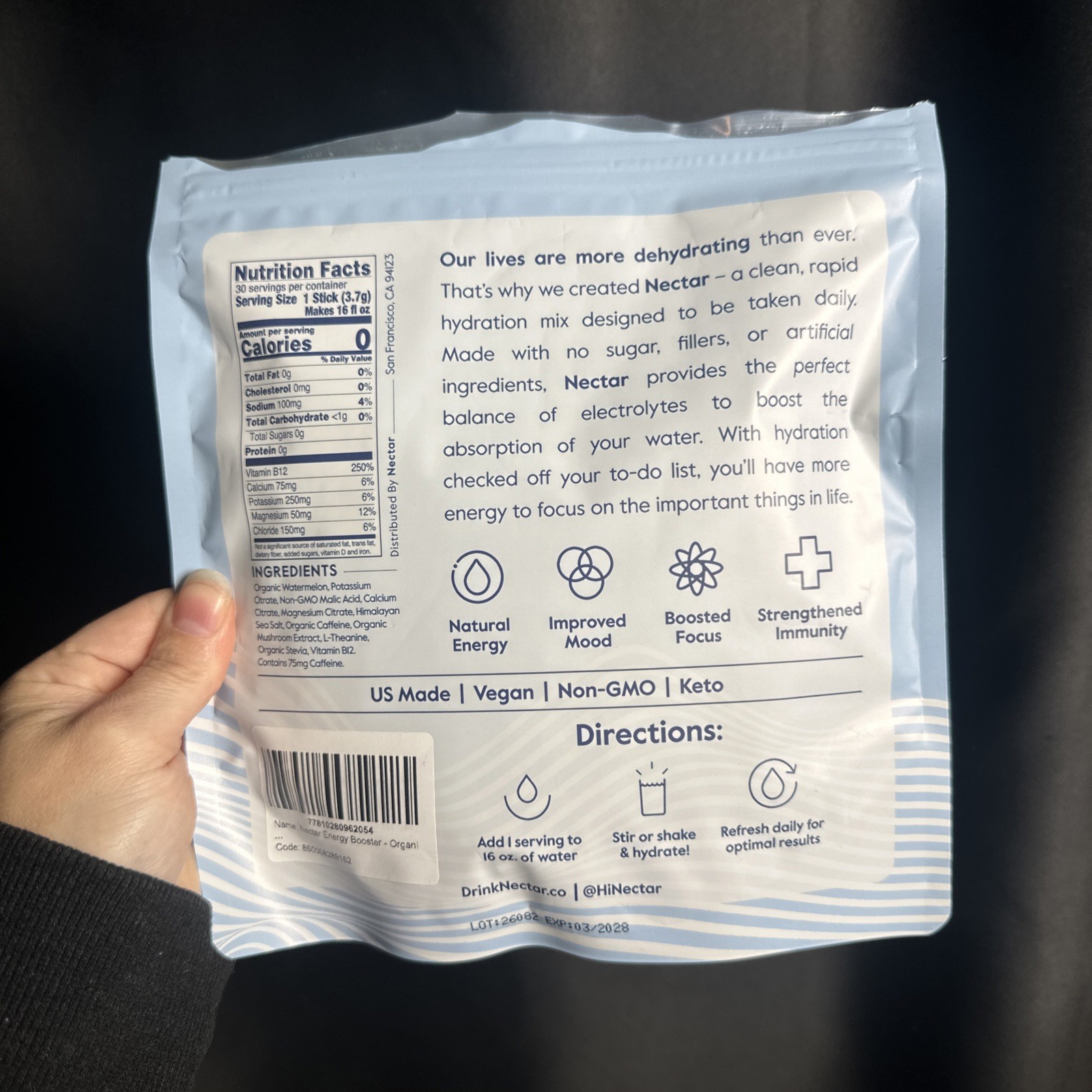 BAG OPEN NOT USED Nectar Daily Hydration Electrolyte Powder Watermelon Sugar-Fre