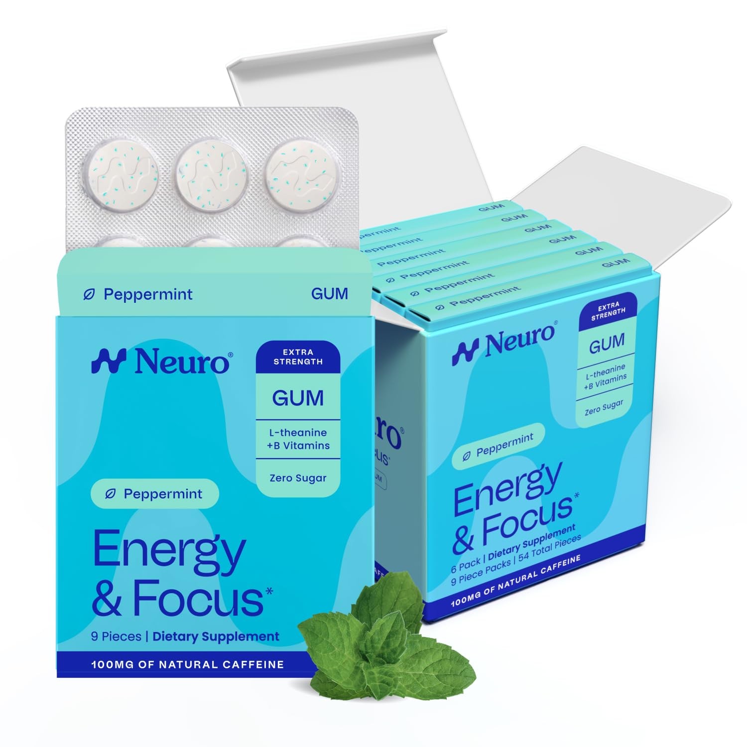 Neuro Energy & Focus Gum, Extra Strength – 9 Count (Pack of 6), Peppermint