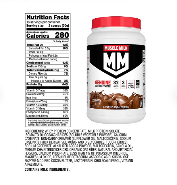 Muscle Milk Genuine 32g Whey Protein Powder, Chocolate 2.47 lbs.
