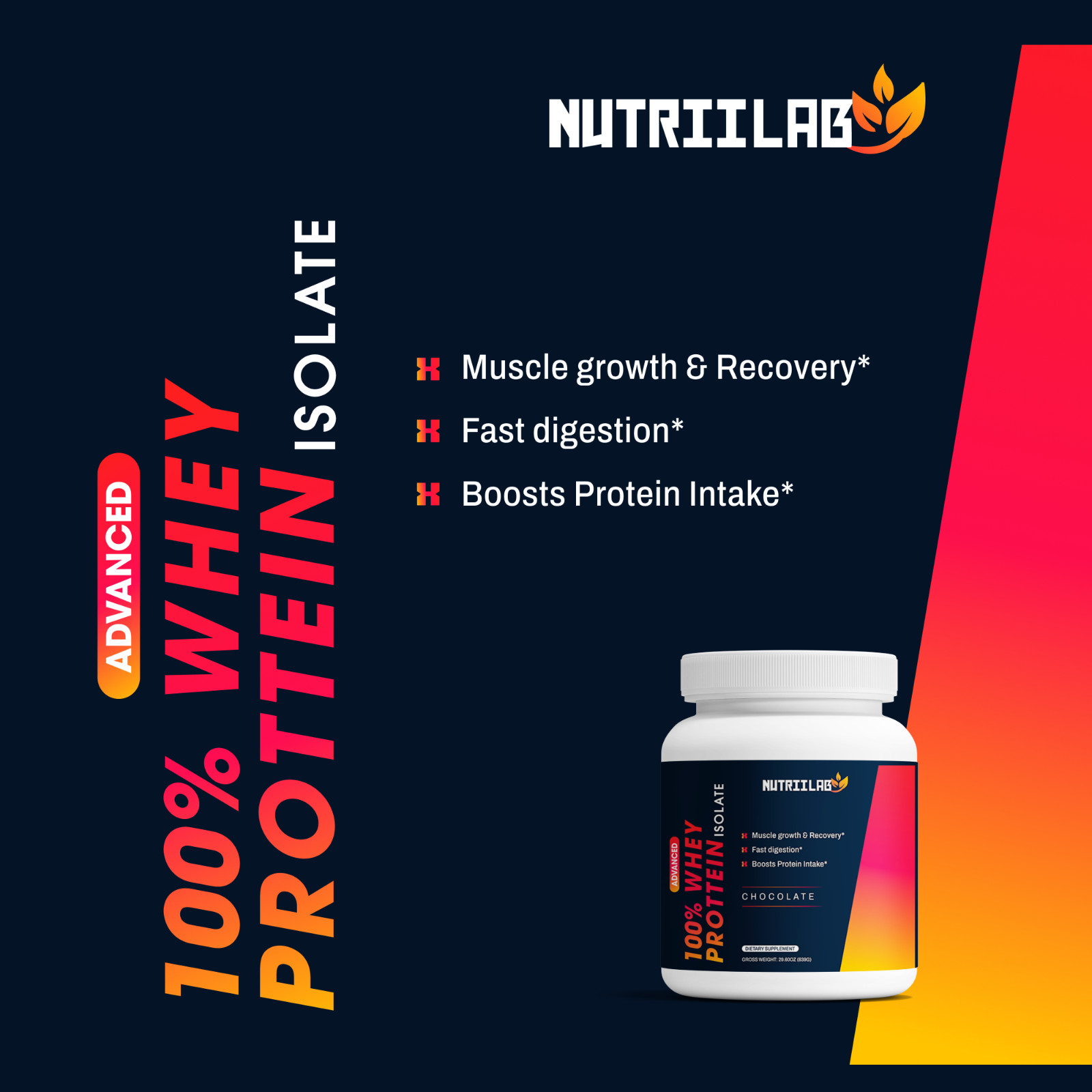 NutriiLab 100% Whey Isolate Protein Powder Vanilla Chocolate Lactose Free 24 Srv