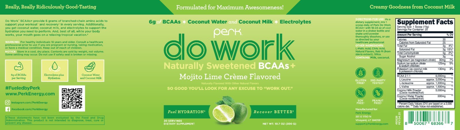 Perk BCAA + Hydration Electrolytes Powder (Mojito Lime Creme) – Naturally Sweet
