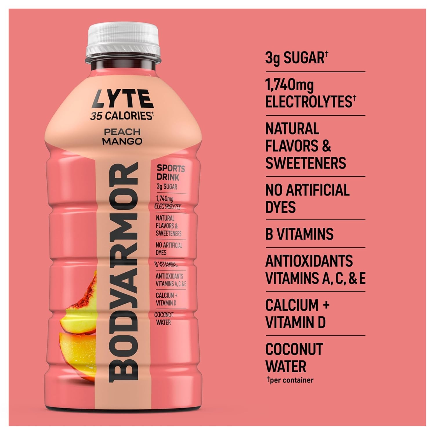 BODYARMOR LYTE Peach Mango Electrolyte Drink 28 oz Low Calorie Sports Drink