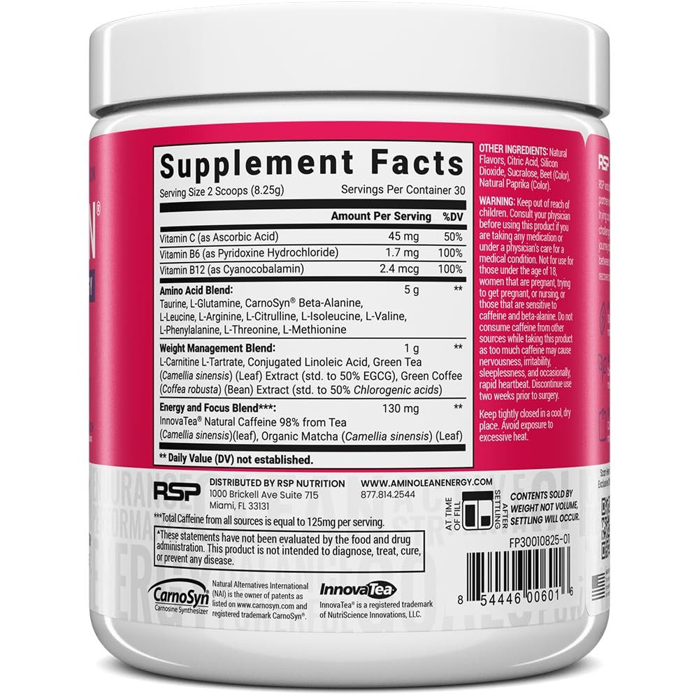 Rsp Nutrition Aminolean Pre Workout Powder Amino Energy Weight Management Vegan