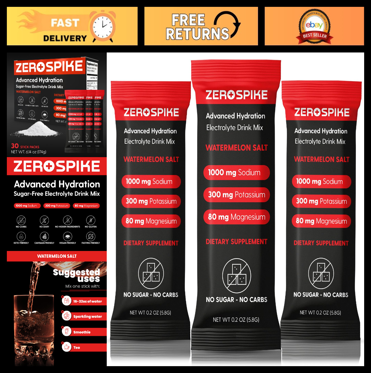 Keto Electrolyte Powder Packets | No Sugar Hydration Drink Mix | 30 Sticks, Wate