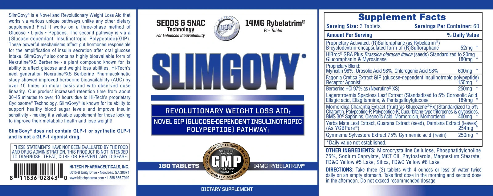Hi-Tech Pharmaceuticals SLIMGOVY with Rybelatrim Weight Loss Aid 180 Tablets New