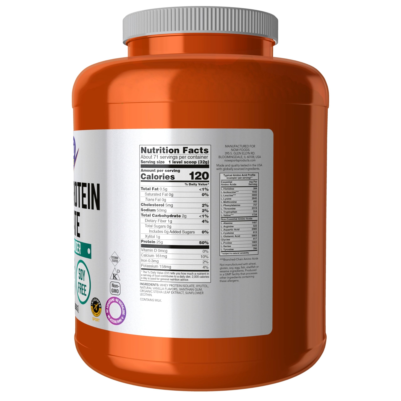 NOW Sports Whey Protein Isolate Vanilla 71 Servings 25g Protein BCAAs