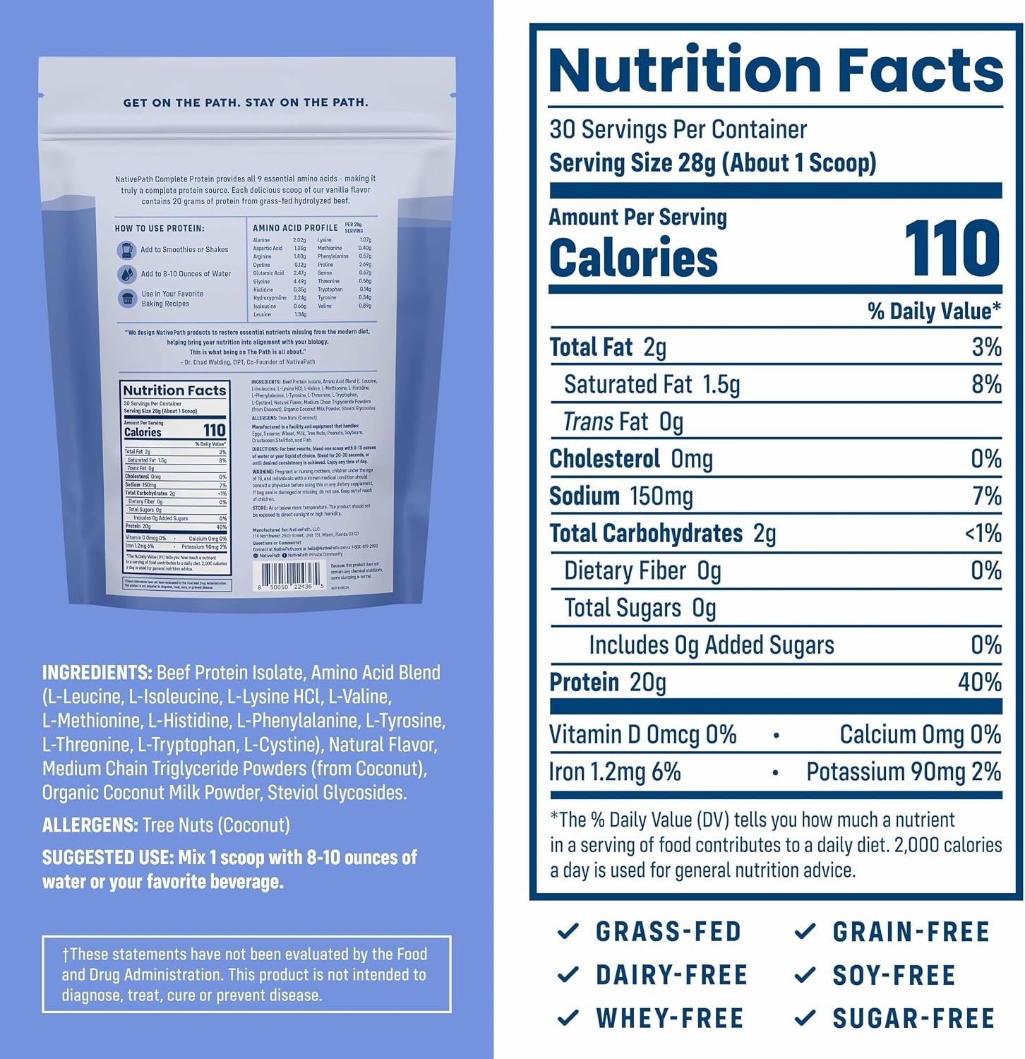 20g Grass-Fed Beef Protein Powder, Vanilla – 30 Servings, Dairy-Free