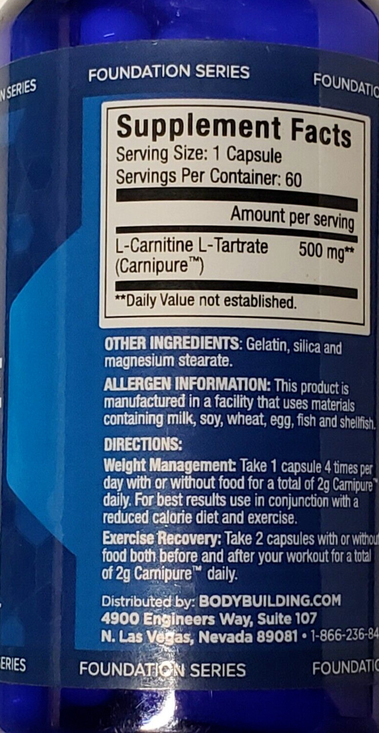 Bodybuilding.com – L-Carnitine – 60 Capsules – Fat burner/Recover – Exp 5/2025