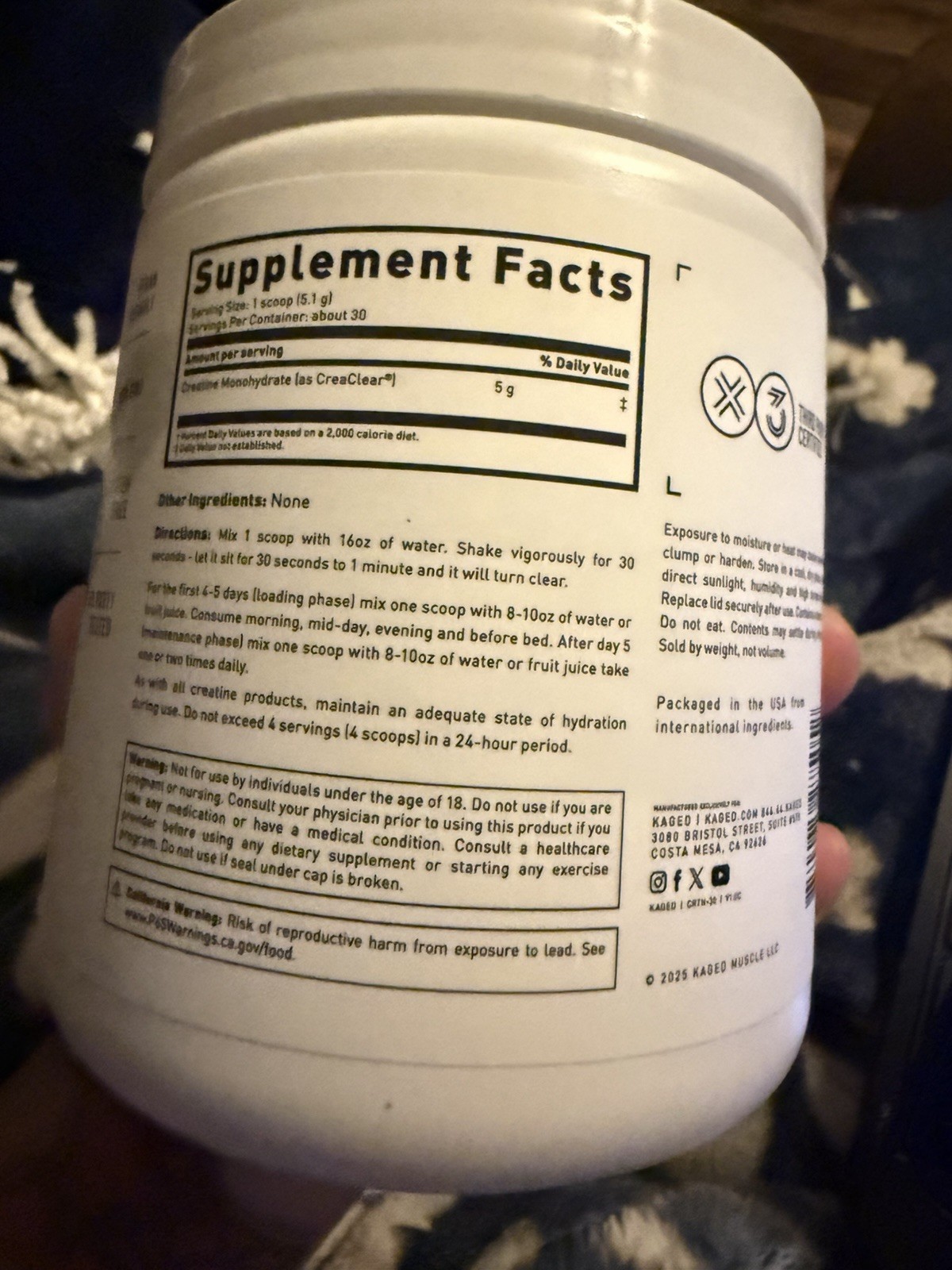 Kaged CreaClear Creatine Monohydrate Unflavored 30 Servings 5.4 oz exp 5/2028