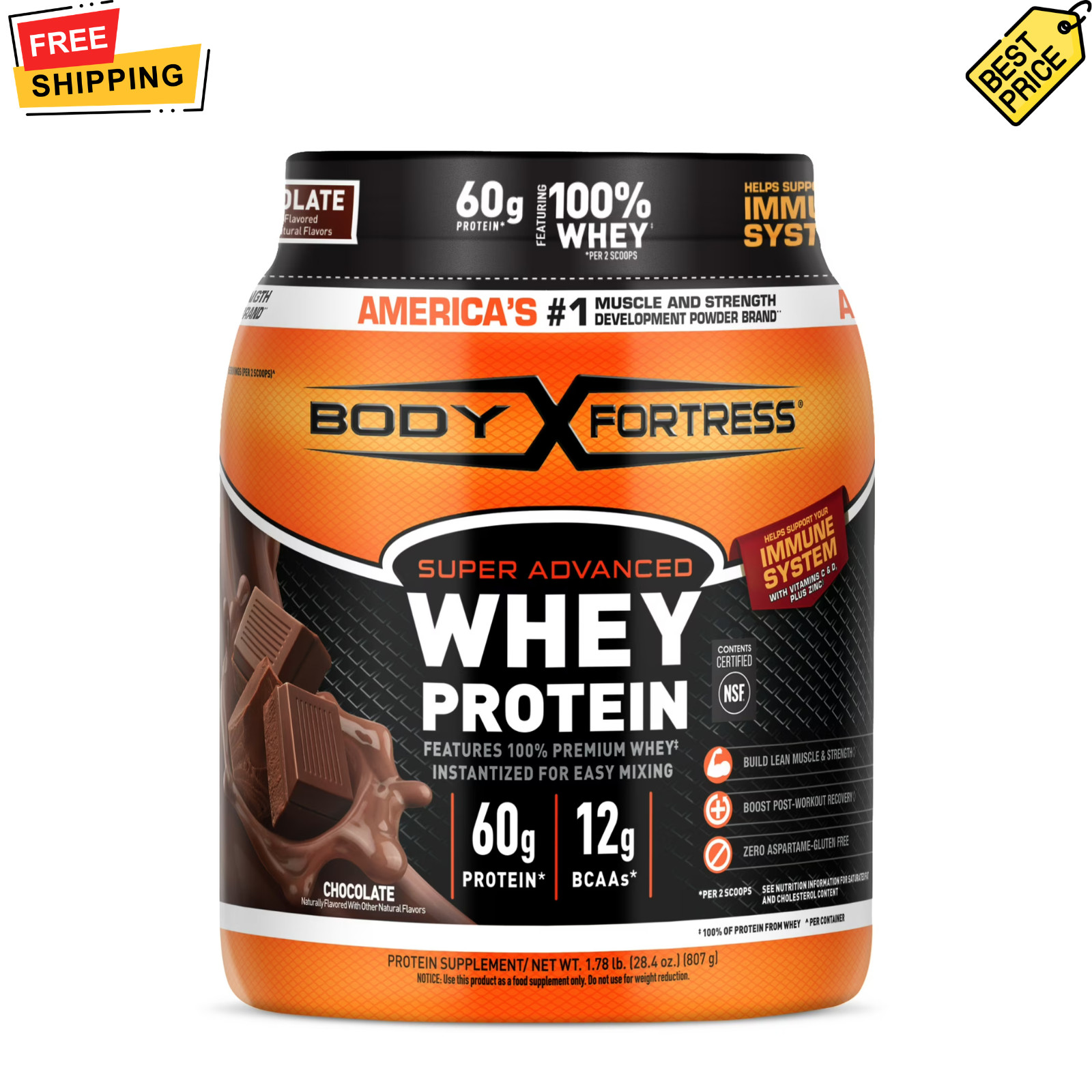 Body Fortress Whey Protein Powder Chocolate 60g Protein 1.78 lbs