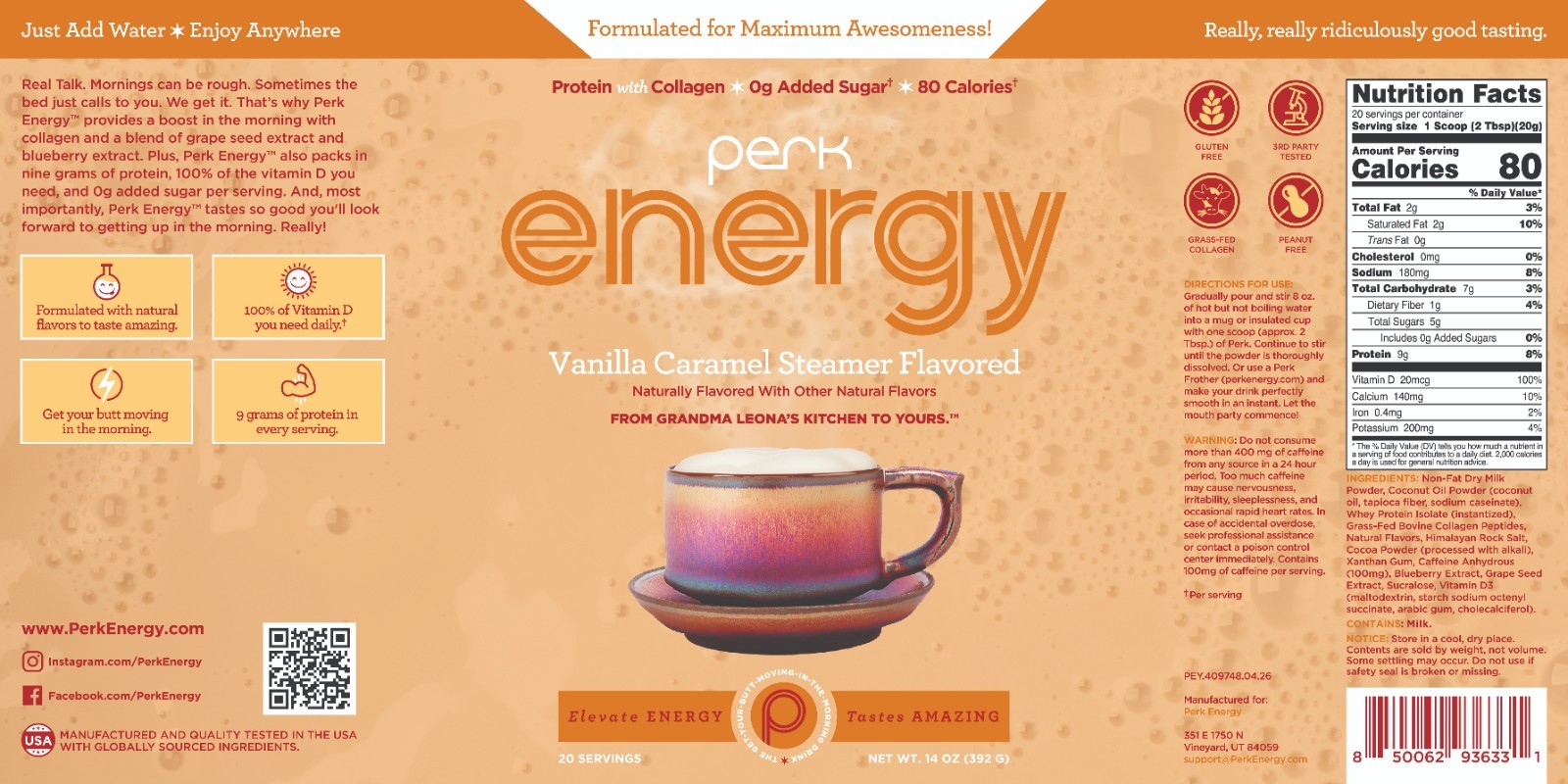 Perk Energy Original Vanilla Caramel Steamer Flavored Drink Powder (20 Servings)