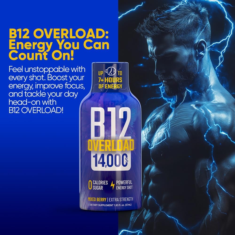 B12 Overload Extra Strength Energy Shot – Mixed Berry– 260mg Caffeine, 14000% B1