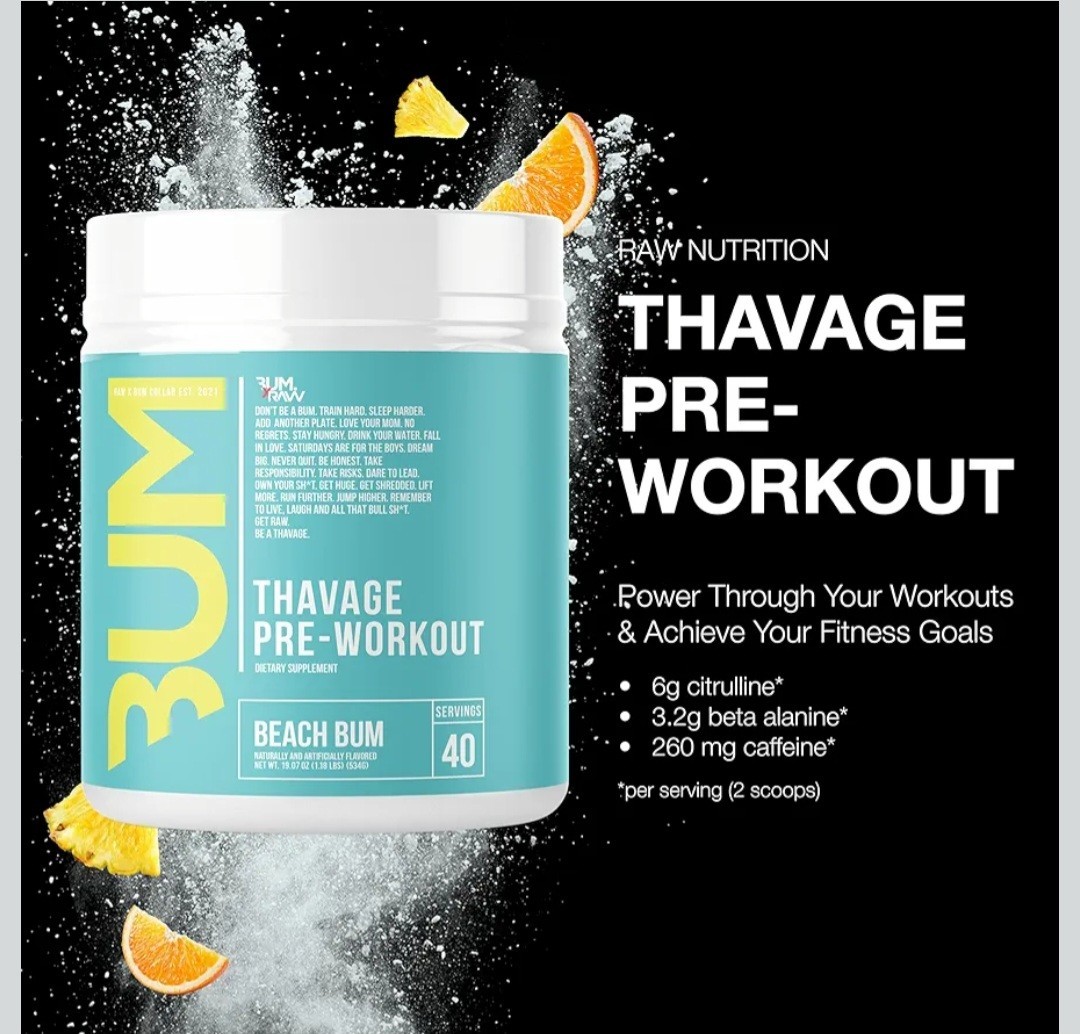 RAW Pre Workout Powder Thavage Beach Bum Sports Nutrition Supplement 40 Servings