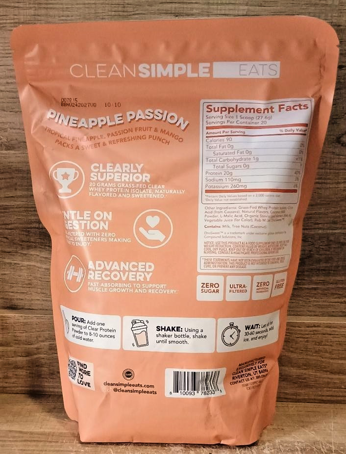 Clear Protein Powder 100% Grass-Fed Whey Pineapple Passion 19.5oz CLEAN SIMPLE