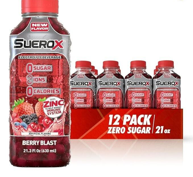 SueroX Berry Blast Zero Sugar Electrolyte Drink for Hydration 21.3 Oz (12 Count)