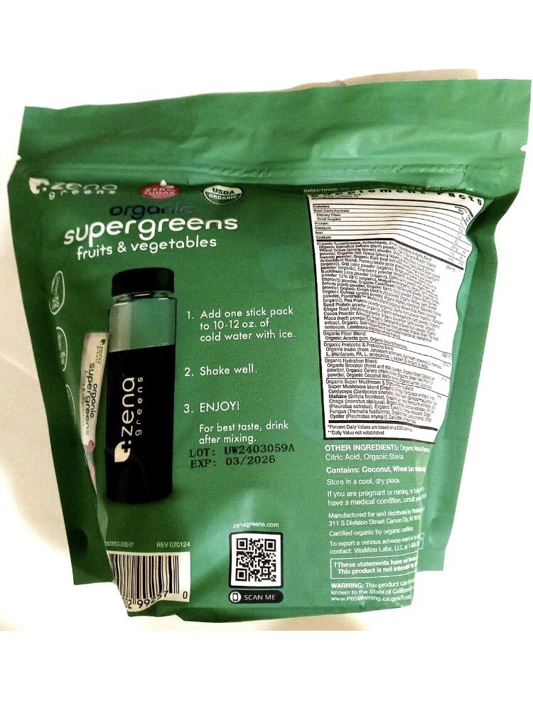 Zena Organic Super Greens Fruit & Vegatables Powder, 45 Sealed Packets