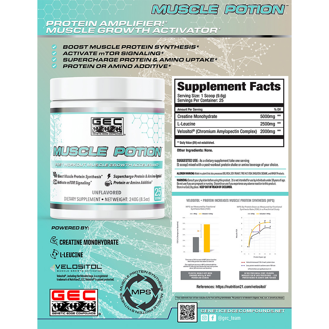 GEC Muscle Potion Post Workout Creatine Leucine Velositol 240g Unflavored New