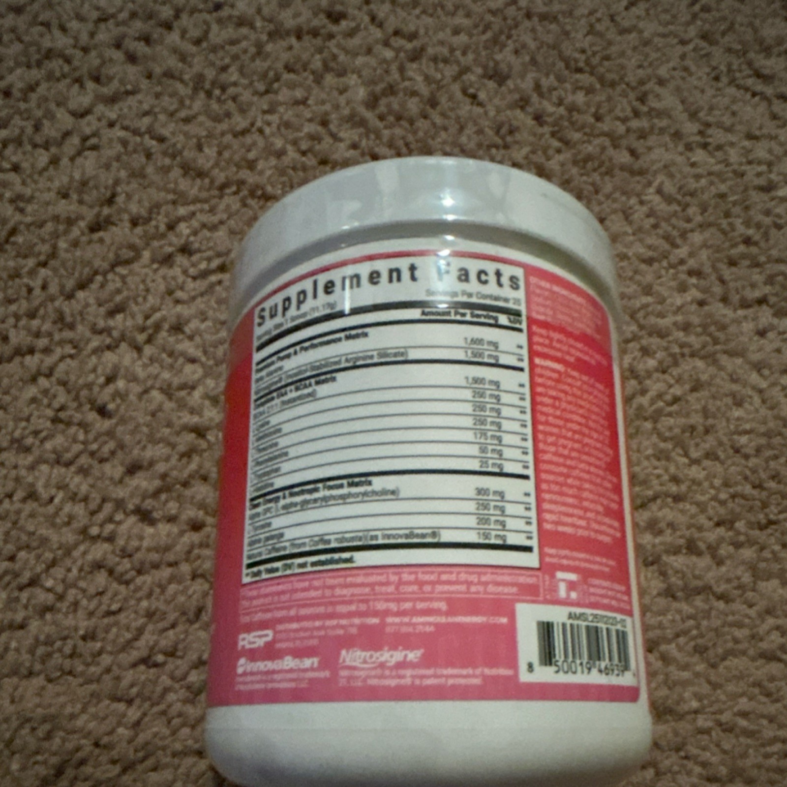 RSP AminoLean Max Pre-Workout Powder Nitrosigine Caffeine Vegan Friendly 9.85oz