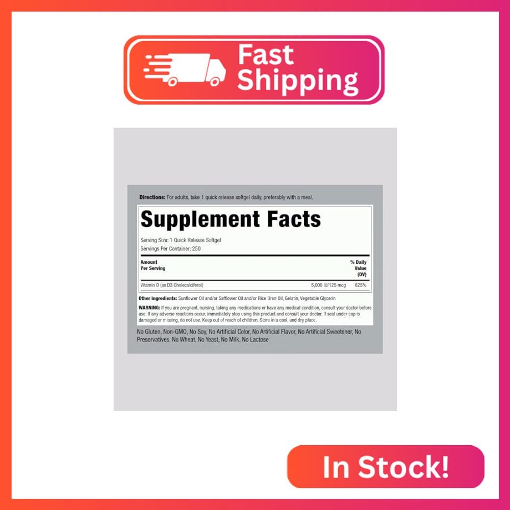 Piping Rock Vitamin D3 5000 IU | 250 Softgels | High Potency Supplement | Non-GM