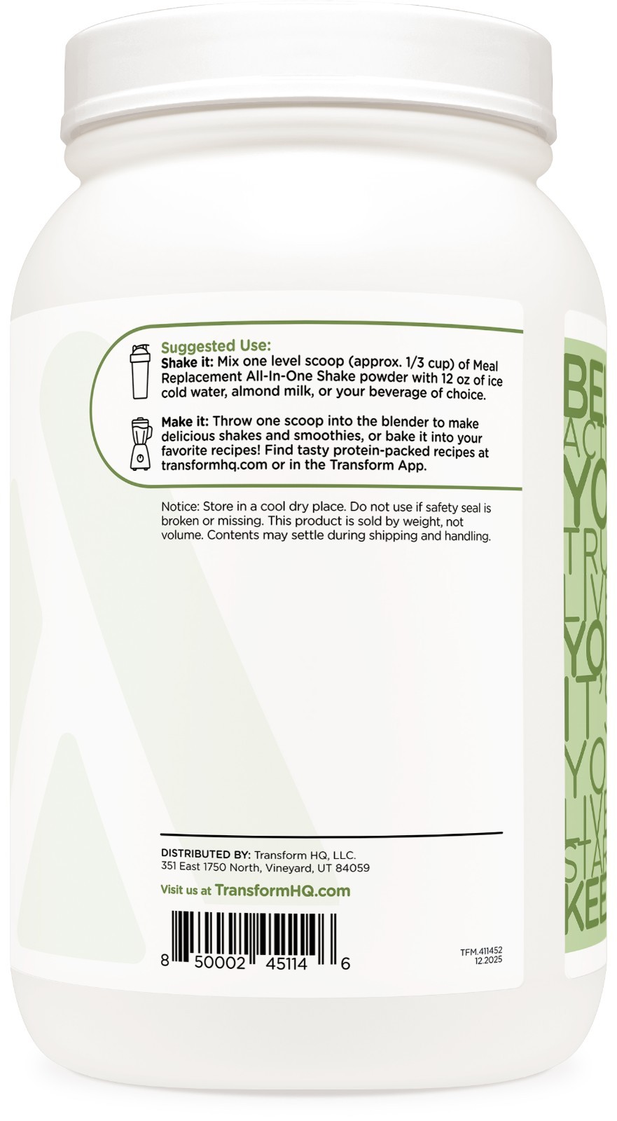 TransformHQ Meal Replacement Shake Powder 28 Servings (Mint Chocolate Chip)