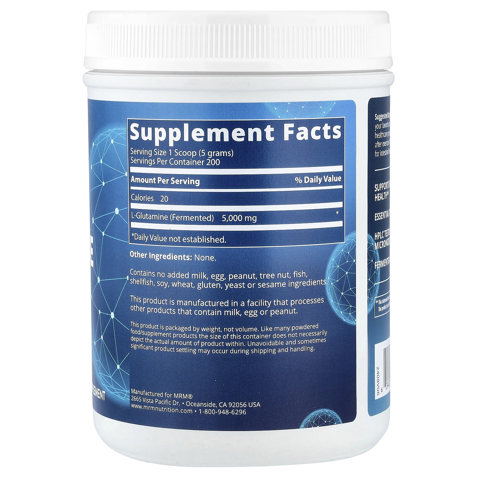 MRM L-Glutamine 1000 2 2 lbs 1000 g GMP Quality Assured, Vegan