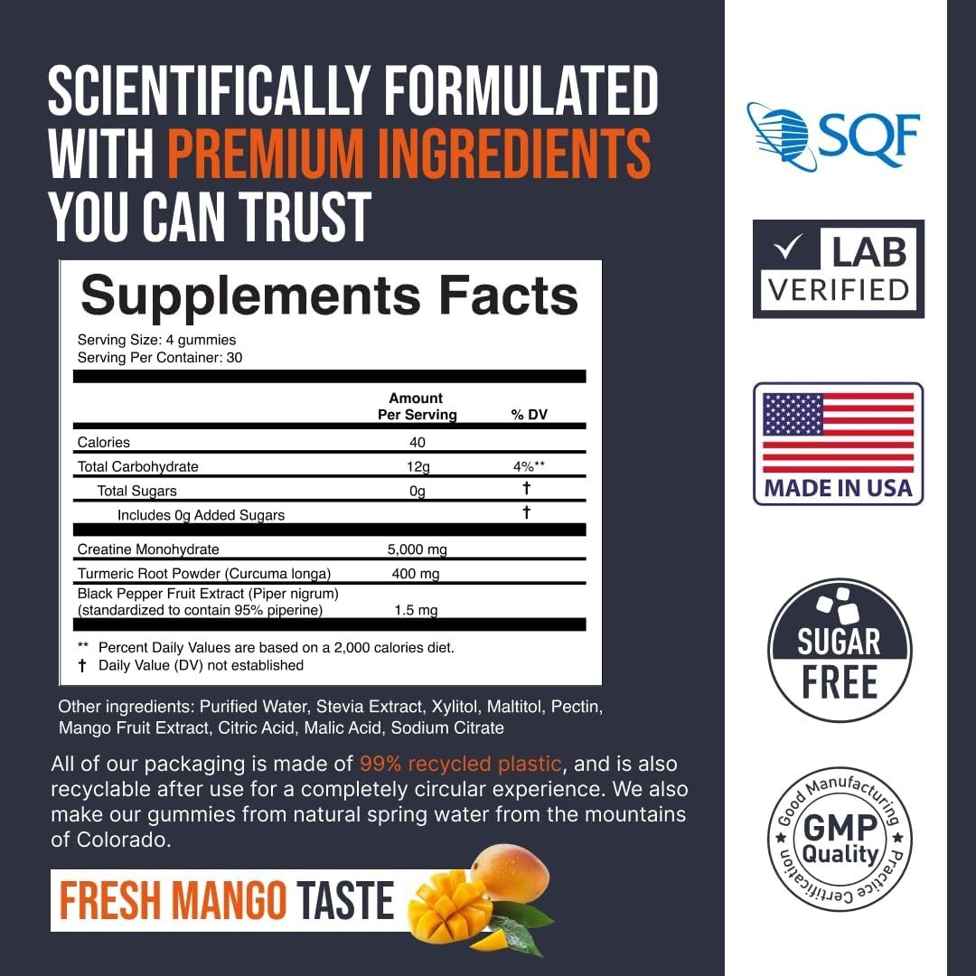 Creatine Monohydrate Gummies 5000mg – Sugar-Free, Vegan, Mango Flavor, 120 Chews
