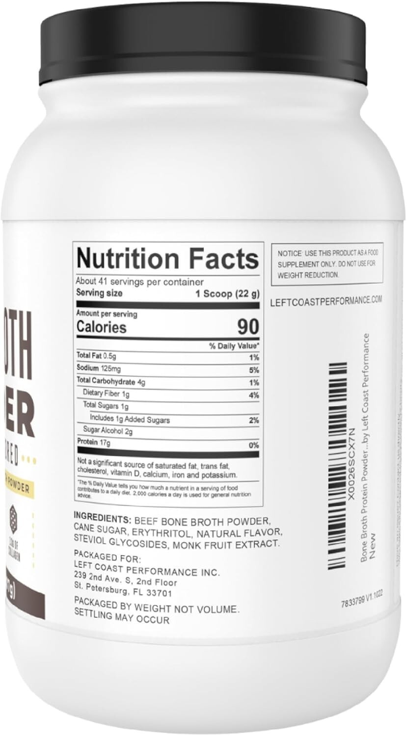 Left Coast 32oz Vanilla Bone Broth Protein Powder Grass Fed Beef, Non-GMO, 2lb