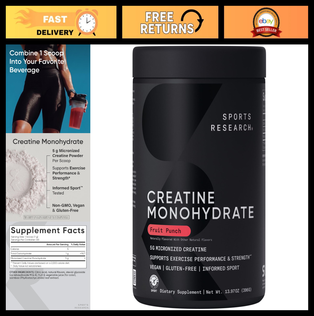Creatine Monohydrate Powder 5g – Fruit Punch, 60 Servings | Gain Muscle, Boost S