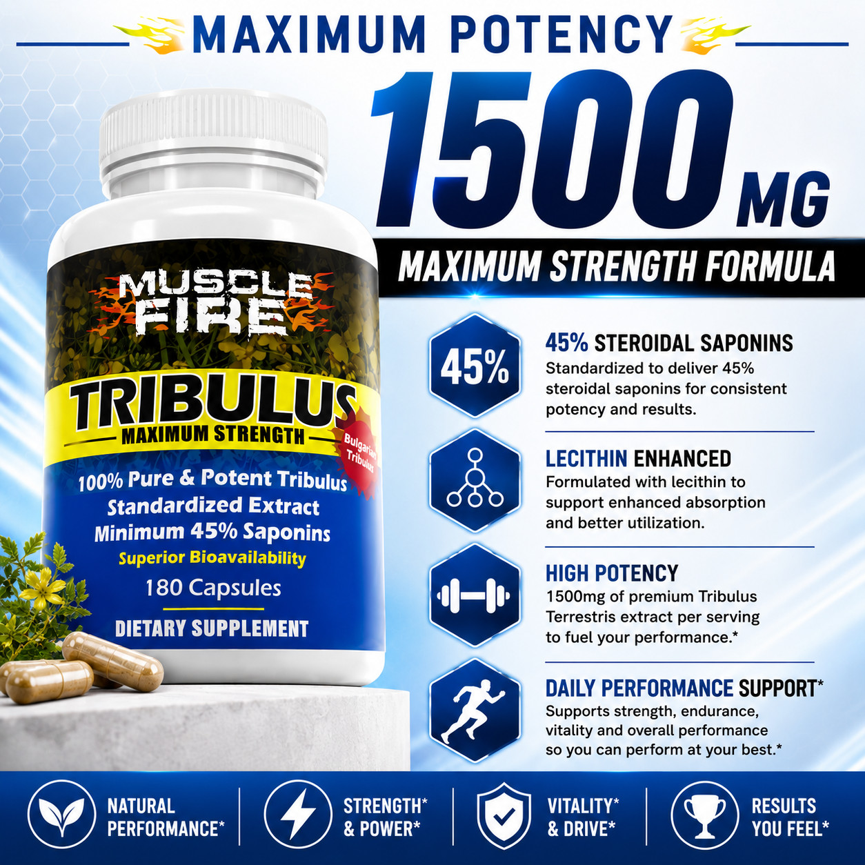 Tribulus Terrestris for Men 1500mg 45% Saponins 180 Powder Capsules