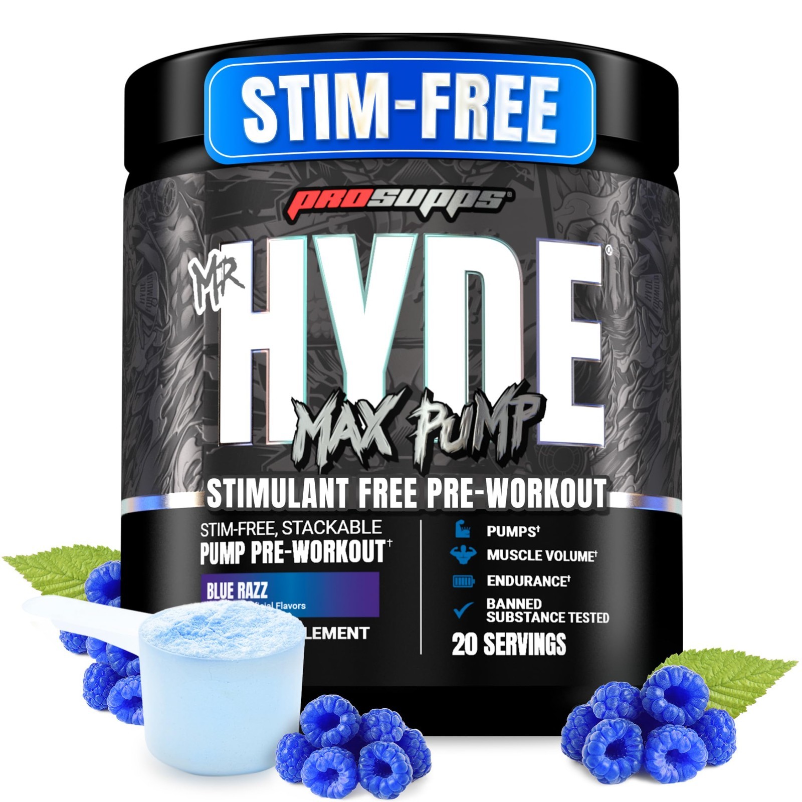 Stim-Free Pre Workout Powder, Blue Razz | Nitric Oxide Booster for Blood Flow, M