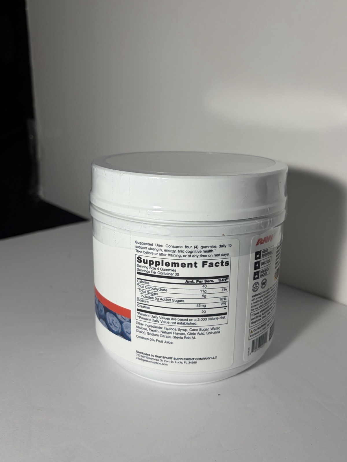 RAW Creatine Monohydrate Gummies Blue Raspberry 5g 120 Count Unisex