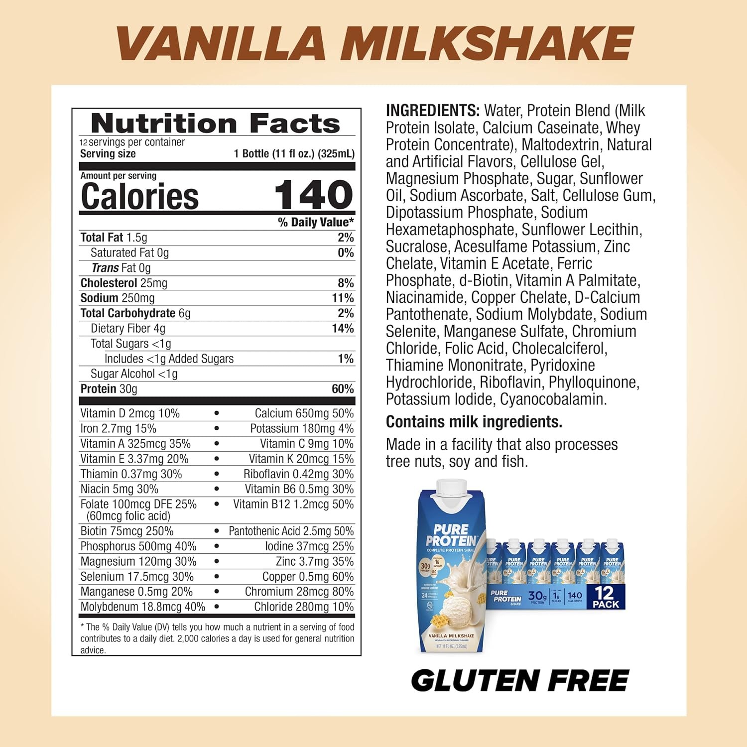 Pure Protein Vanilla Protein Shake 30g Complete Protein Vitamins A, C, D 12 Pack