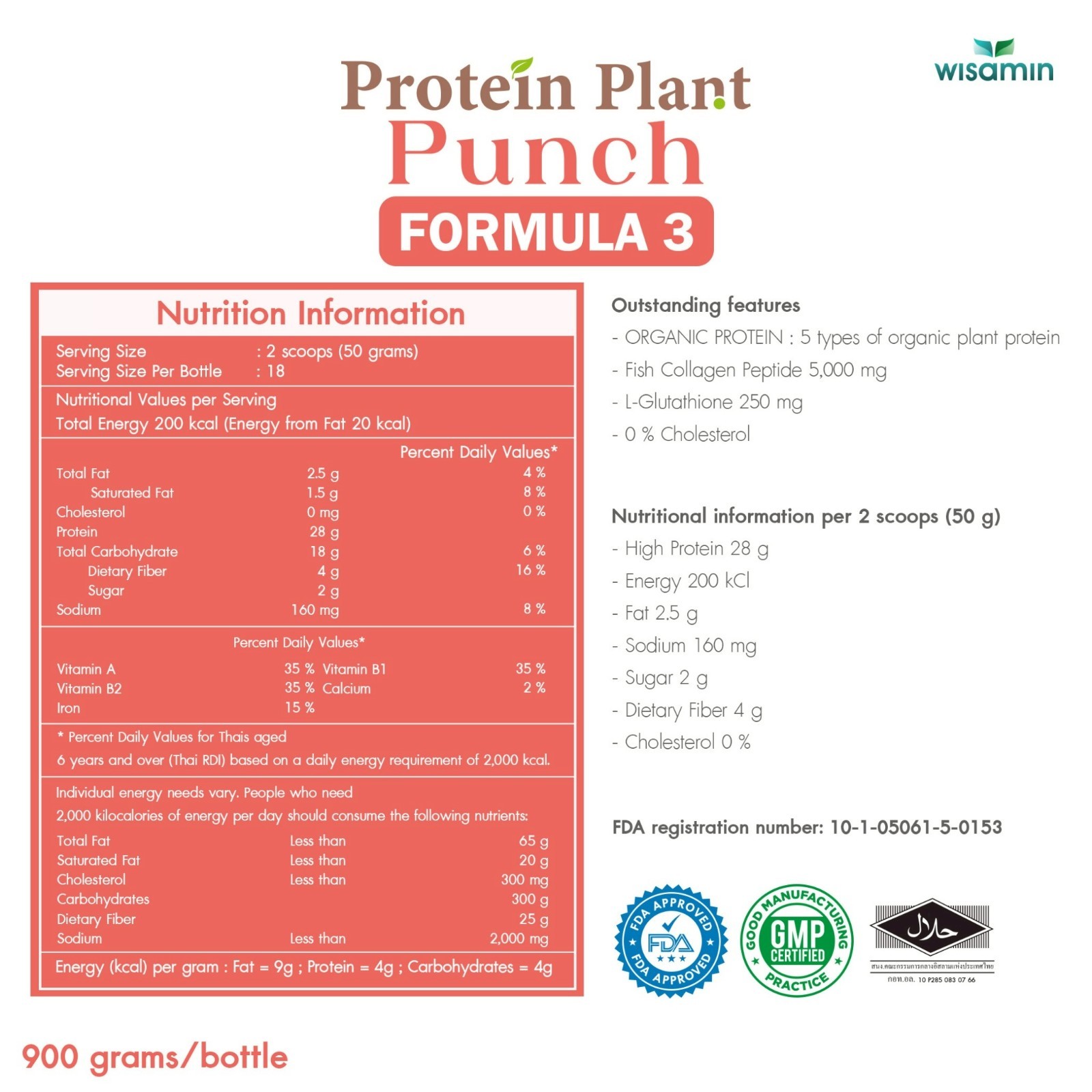 WISAMIN Plant Protein Punch Flavor F3 | 900g 2LB | Organic, Gluten-Free, Non-GMO
