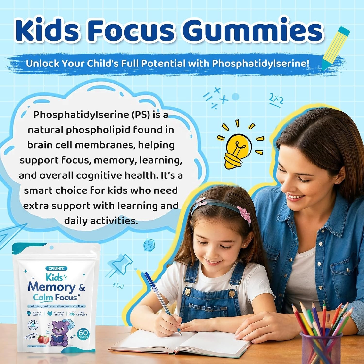 Kids Focus & Memory Gummies with Magnesium Glycinate, Phosphatidylserine