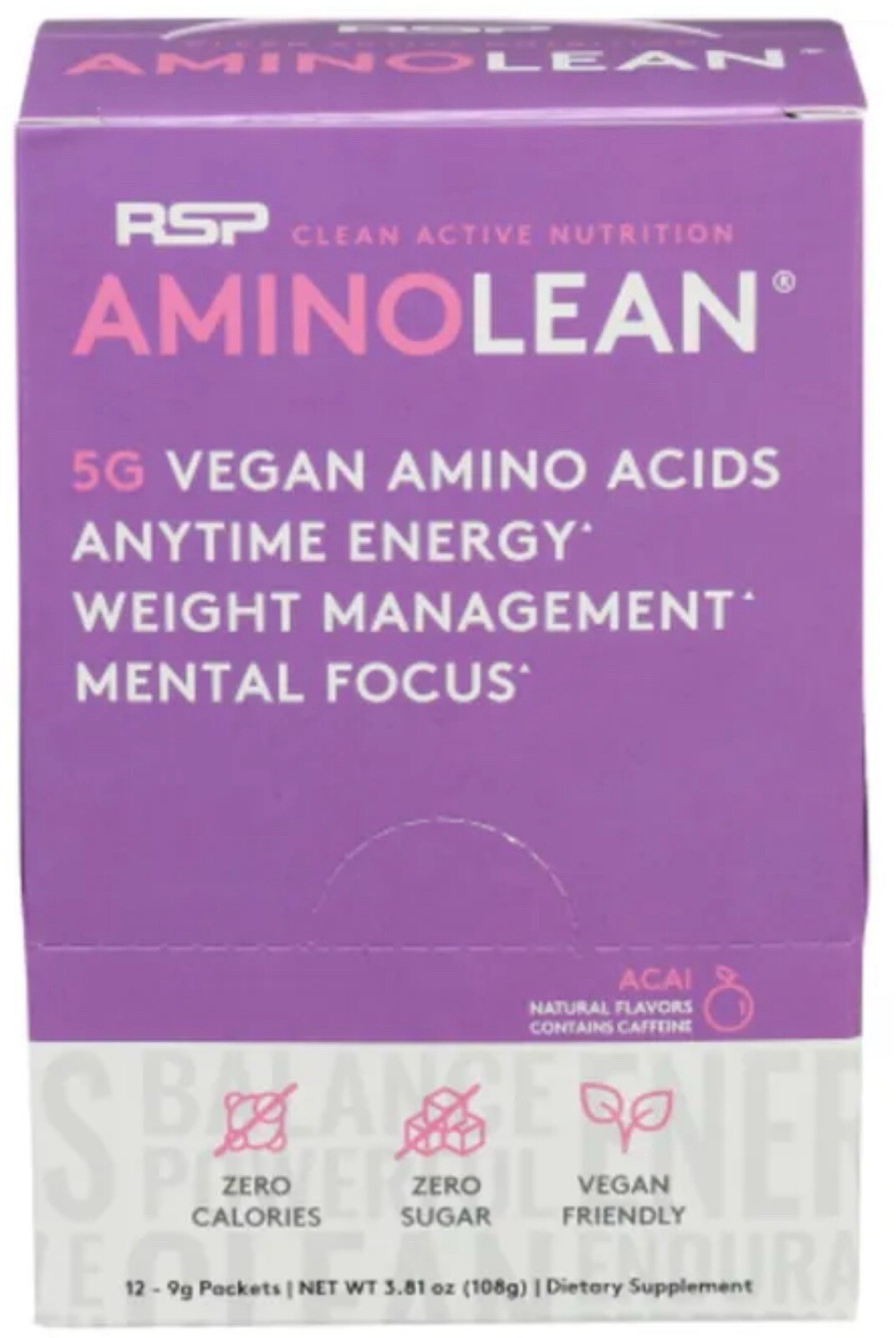 RSP Aminolean Energy Powder Drink Weight Supplement Vegan * 12 – 9g Packets/Box