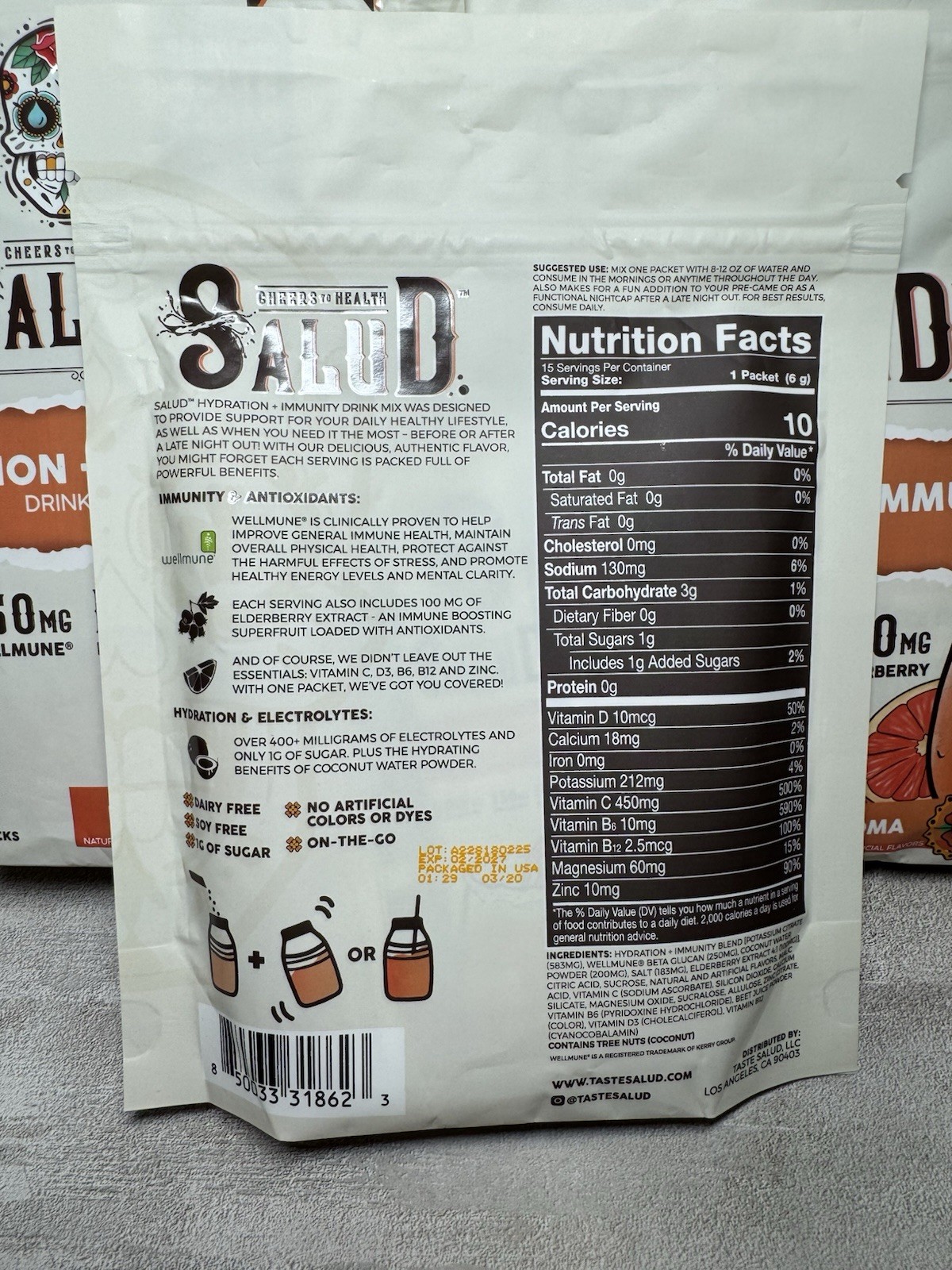 Salud Hydration Immunity Electrolyte Drink Mix Paloma 3 Packs/45 Sticks Total