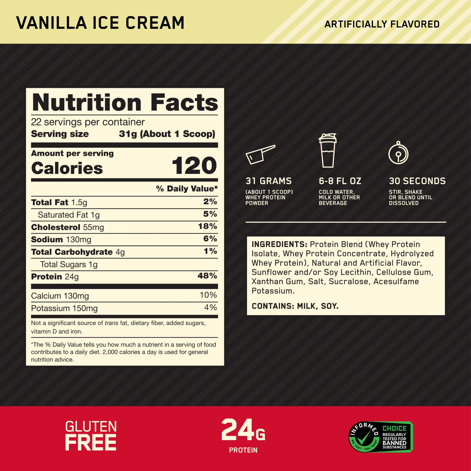, Gold Standard 100% Whey Protein Powder, Vanilla Ice Cream, 22 Servings