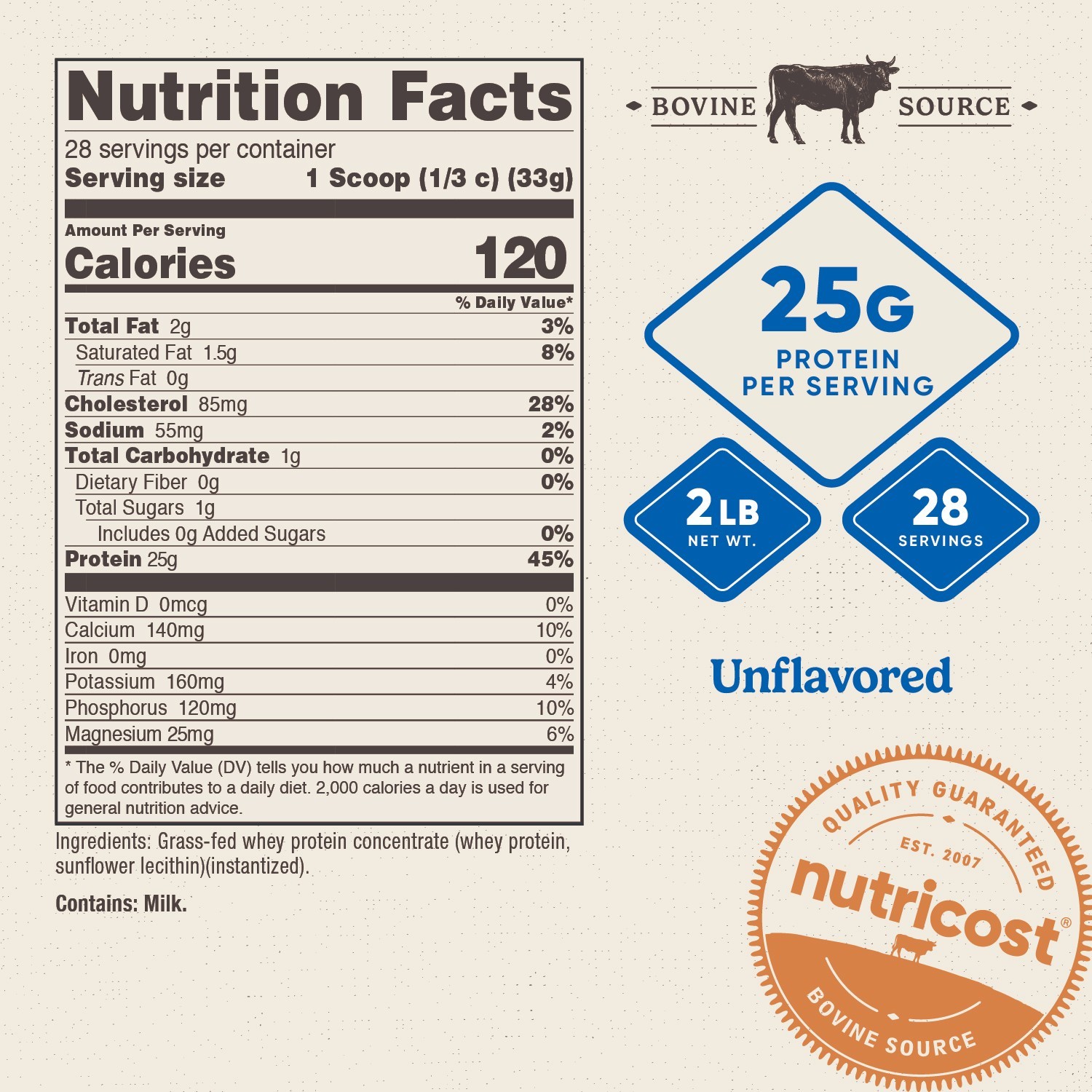 Nutricost Grass-Fed Whey Protein Concentrate (Unflavored) 2LBS