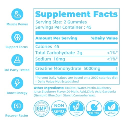 Creatine Monohydrate Gummies 5000mg 90 Count Blueberry