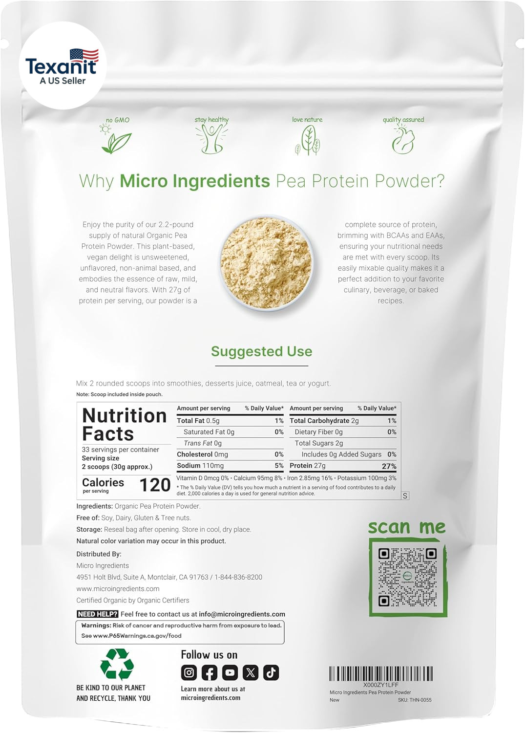 North America Grown, Organic Pea Protein Powder, 1KG (2.2 Pounds) | Plant-Based