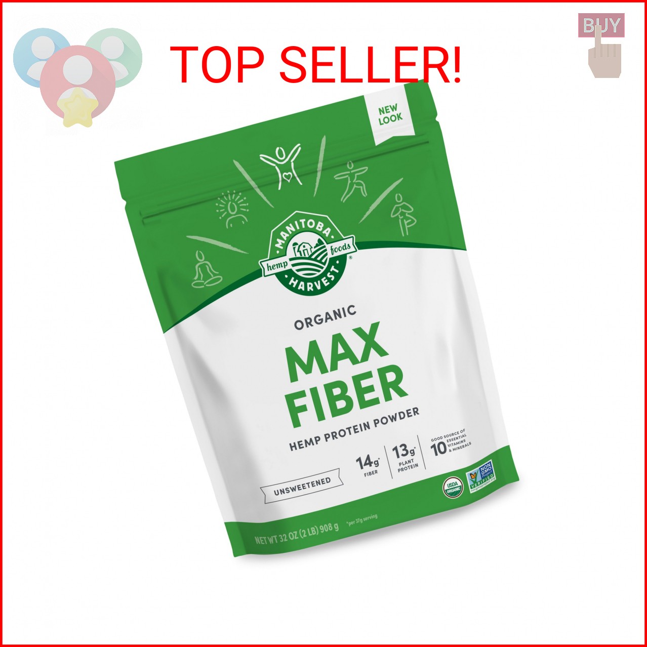 Manitoba Harvest Hemp Yeah Organic Max Fiber Protein Powder, Unsweetened, 32oz,