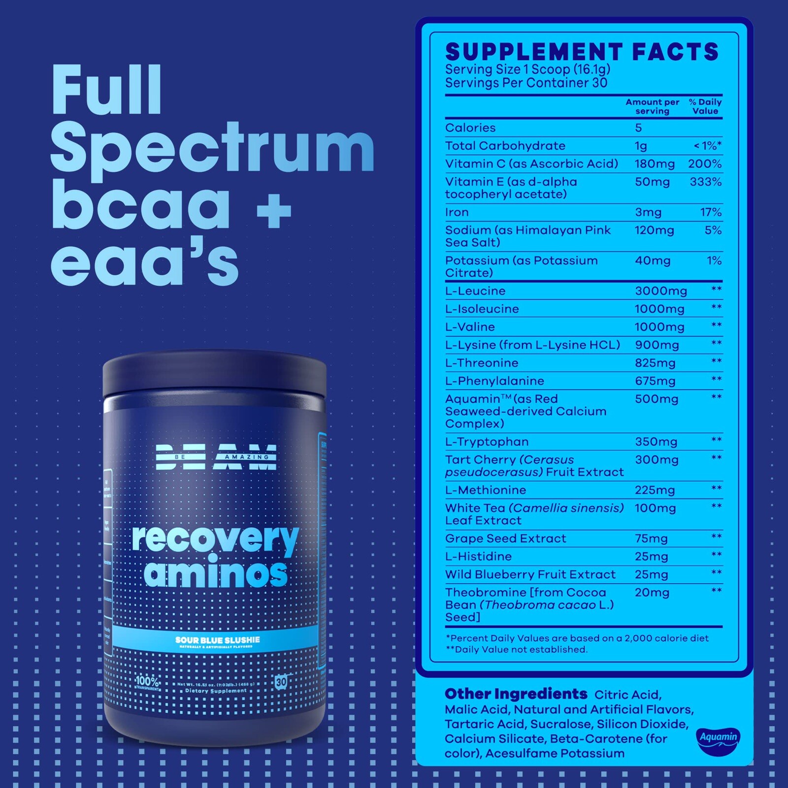 2 Jars! BEAM Be Amazing Recovery Aminos Powder BCAAs and EAAs Sour Blue Slushie